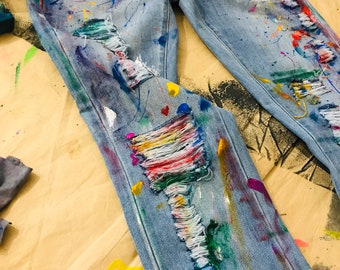 Pants blotches gift for cristmas Spray paint Paint Splatter Jeans festival clothing Hand Painted Paint splash Jeans in paint torn jeans art