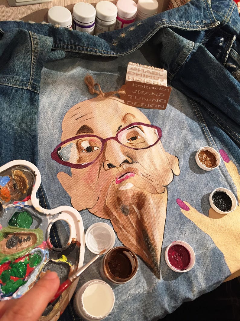 Hand painted denim jacket Jacket with painting Jacket with art work on it Art on denim Denim jean Jacket with art pop-art Summer art Drawing image 6