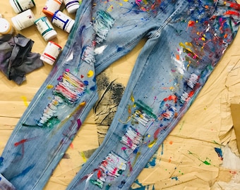 Paint splatter Jeans Spray paint clothing Blots jeans Spray paint Paint Splatter Jeans festival clothing Boho jeans Art jeans Wearable art