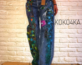 Boho jeans Vlekken op jeans Spray Paint Splatter Jeans festivalkleding Handgeschilderde verf splash jeans Jeans verf boho festival gelukkig kunst