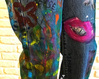 Boho jeans Vlekken op jeans Spray Paint Splatter Jeans festivalkleding Handgeschilderde verf splash jeans Jeans verf boho festival gelukkig kunst