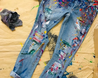 Pants blotches gift for cristmas Spray paint Paint Splatter Jeans festival clothing Hand Painted Paint splash Jeans in paint torn jeans art