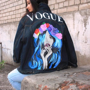 Hand painted denim Jacket with painting Jacket with art work on Art on Denim jean Jacket with art pop-art Drawing flowers wreath of flowers