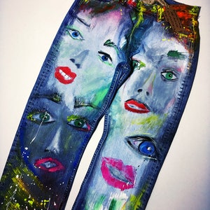 jeans with hand-painted - art on jeans - portrait- women&#39;s jeans - vintag- patterned jeans - painted jeans - creativity on clothes - individ