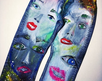 jeans with hand-painted - art on jeans - portrait- women's jeans - vintag- patterned jeans - painted jeans - creativity on clothes - individ