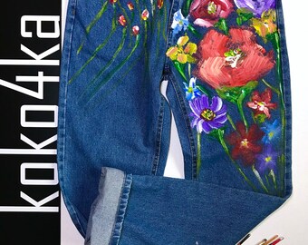 Blots jeans Spray paint Paint Splatter Jeans festival clothing Hand Painted Paint splash painted clothes Jeans in paint jeans in flowers
