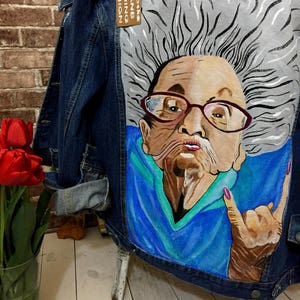Hand painted denim jacket Jacket with painting Jacket with art work on it Art on denim Denim jean Jacket with art pop-art Summer art Drawing image 7