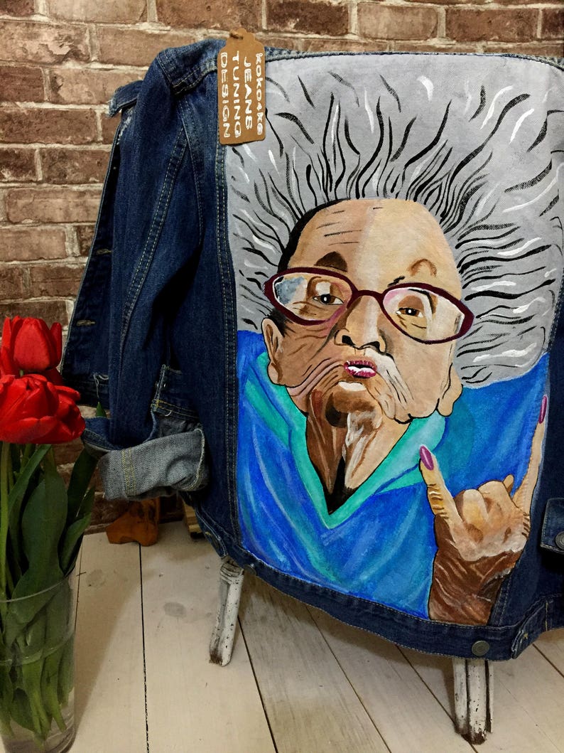 Hand painted denim jacket Jacket with painting Jacket with art work on it Art on denim Denim jean Jacket with art pop-art Summer art Drawing image 7