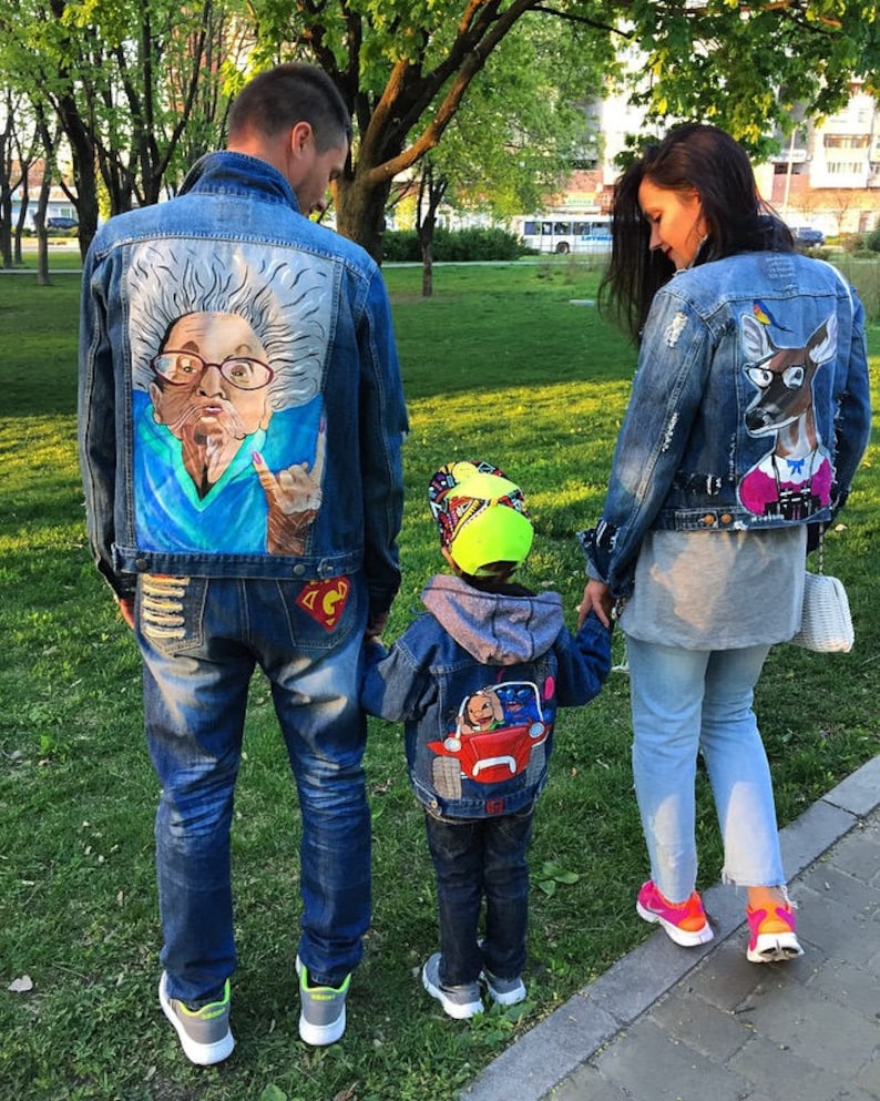 Hand painted denim jacket Jacket with painting Jacket with art work on it Art on denim Denim jean Jacket with art pop-art Summer art Drawing image 3