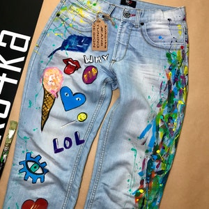Jeans Boyfriend Jeans festival clothing Hand Painted Paint Jeans pattern Hand Painted Jeans Drawing on jeans birthday anniversary