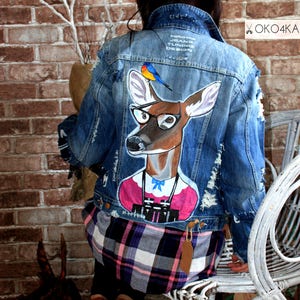 Hand painted denim jacket Jacket with painting Jacket with art work on it Art on denim Denim jean Jacket with art pop-art Summer art deer