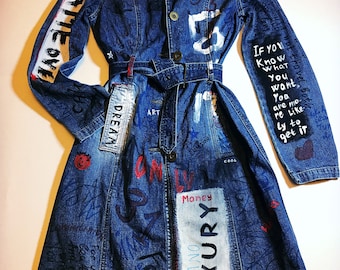 denim coat- jacket coat - graffiti clothing - jeans coat - women&#39;s denim coat - denim - hippie coat - graffiti jacket - art on clothes - art
