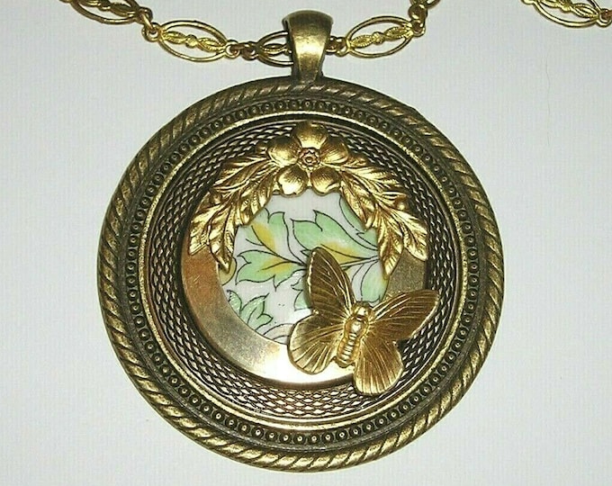 Secret Garden Vintage Porcelain Mixed Metal Pendant Necklace Hand Made USA