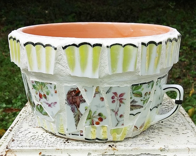 Yellow Mosaic Planter Antique German Porcelain Birds Berries OOAK USA