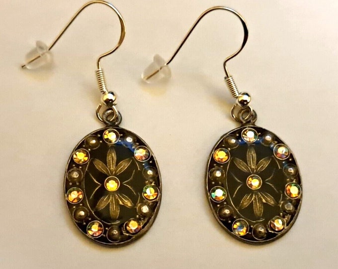 Antique Vintage INTRICATE Rhinestone Oval Dangle Earrings RARE