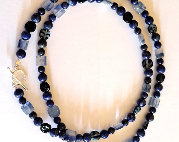 Lapis Lazuli Kyanite Gemstones and Montana Blue Glass Necklace 24" Hand Made USA