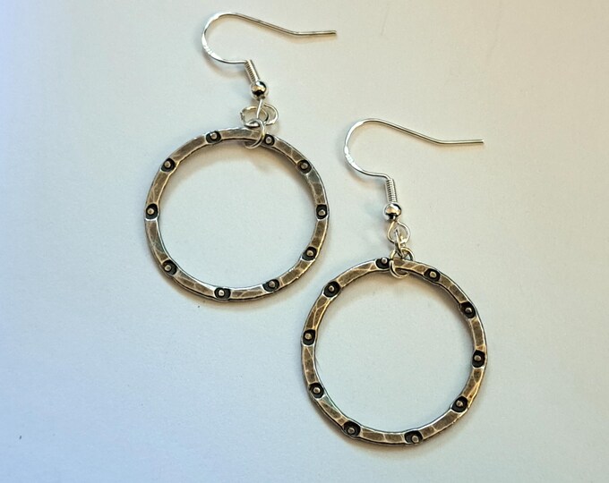 Vintage Embellished Pewter Hoop Earrings 1" Hand Made Artisan