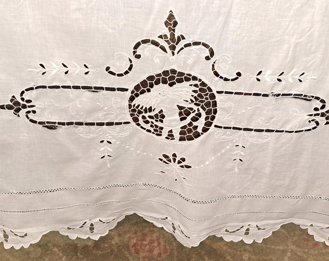 Antique Embroidered Angels Tablecloth Bed Linen c. 1900. Intricate!