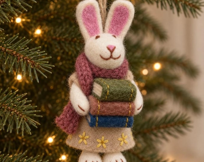 Book Lover Ornament Hand Made Felted Embroidered Free Ship