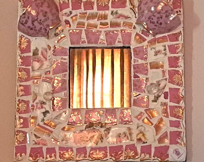 Pink Mosaic Mirror Antique Lusterware Porcelain Cups 10" x 10" OOAK USA