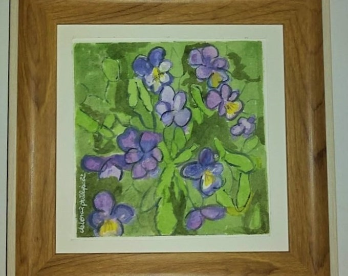 Violets Johnny Jump Ups Watercolor Original by Deborah Phillips Signed & Framed