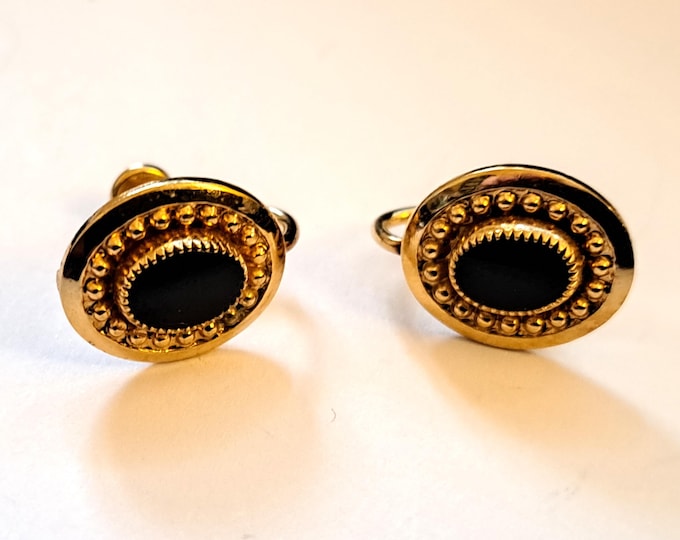 Vintage Onyx Beaded Oval 12KGF Gold Filled Screw On Earrings MCM