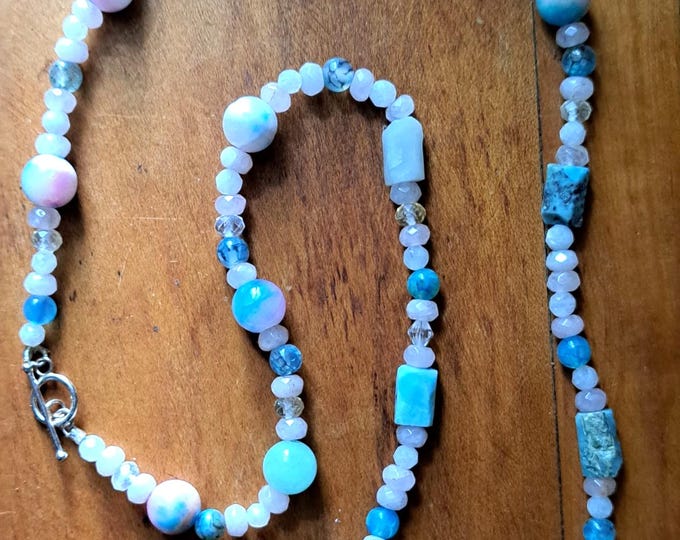 Jade, Larimar and Quartz Gemstone Necklace 25" Sterling Toggle