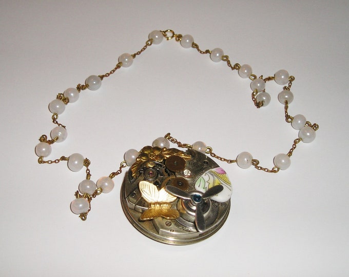 Boho Steampunk Antique Watch Necklace 2-Sided Mixed Metal Mover Jeweled Hand Made USA
