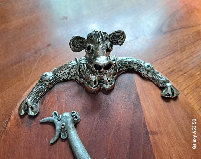 Pewter Cow Wood Cheese Charcuterie Board and Matching Serving Knife