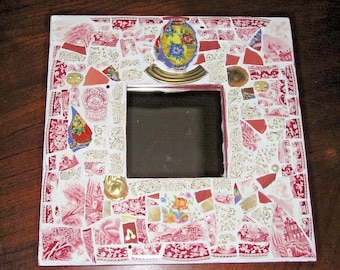 Espejo enmarcado con mosaico de 25 x 25 cm, porcelana antigua, cristales, Betty Boop, farol chino, pieza única.