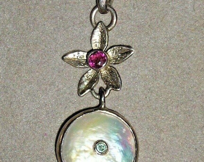 Garnet Mother of Pearl Flower Pendant Sterling Artisan Hand Made USA