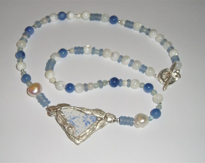 Aquamarine Pearl Necklace Fine 999 Silver Hand Made USA