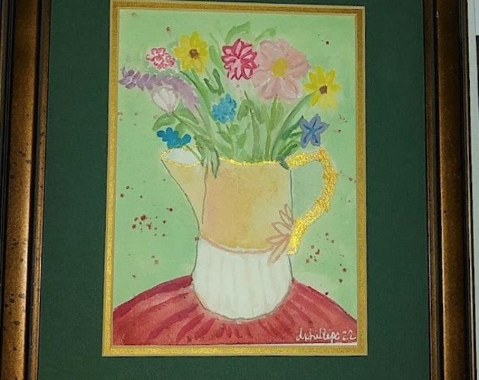 Bamboo Vase Gilt Handle Original Watercolor Painting Heavy Paper Signed Framed