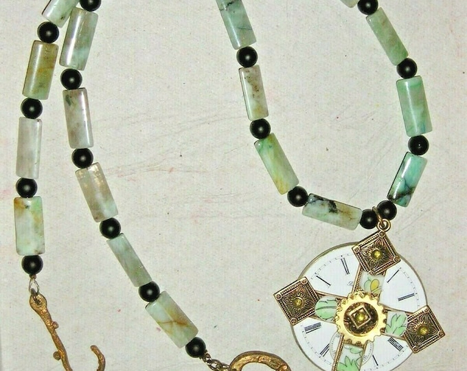 Cross & Gryphon Pendant Necklace Peridot Chrysocolla Quartz Onyx Symbolic Artisan OOAK