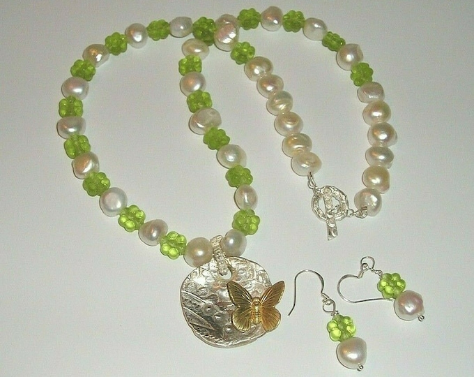 Boho Pearl Necklace Earrings Set: 999 Silver Butterfly Pendant