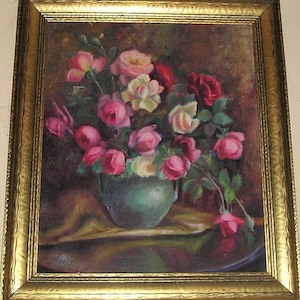 Antique Roses Oil on Canvas Still Life Signed FRIEND Gilt Wood Frame Large