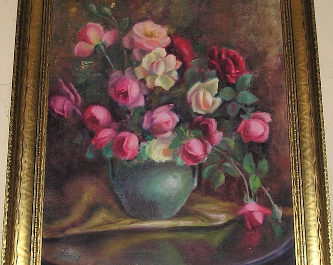 Antique Roses Oil on Canvas Still Life Signed FRIEND Gilt Wood Frame Large