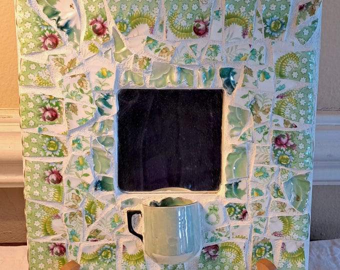 Mosaic Mirror 10" x 10" Genuine Pique Assiette Hand Made Antique Porcelain USA