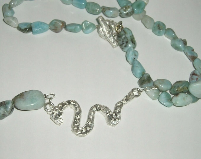 Larimar Beaded 32" Necklace with Fine Silver Serpent Focal Unique Artisan USA