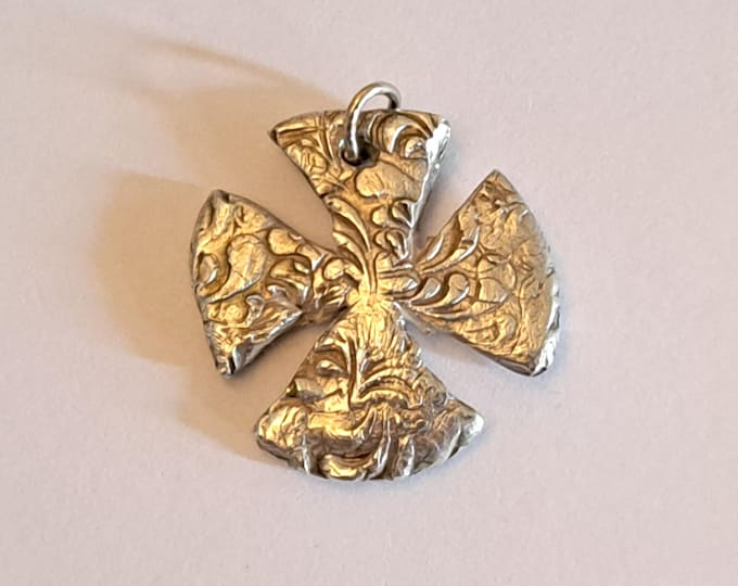 Maltese Cross US Artisan Hand Textured Floral Pendant Solid Fine Silver 999
