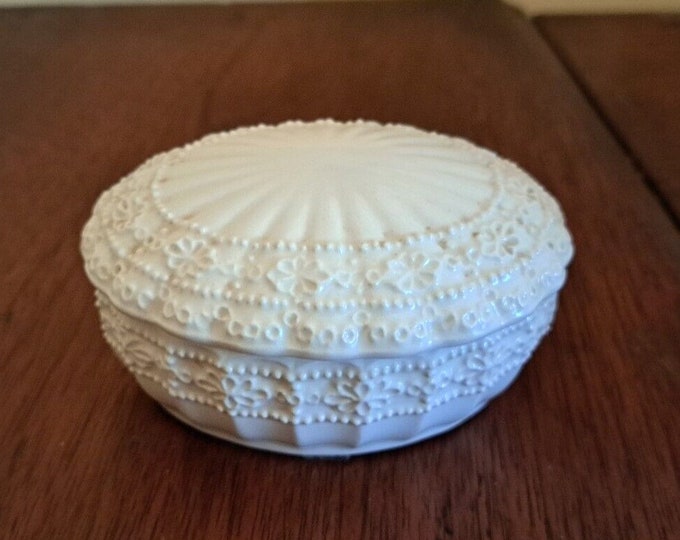 Vintage LEFTON Porcelain Trinket Box Lacy Embossed Design White Giftable