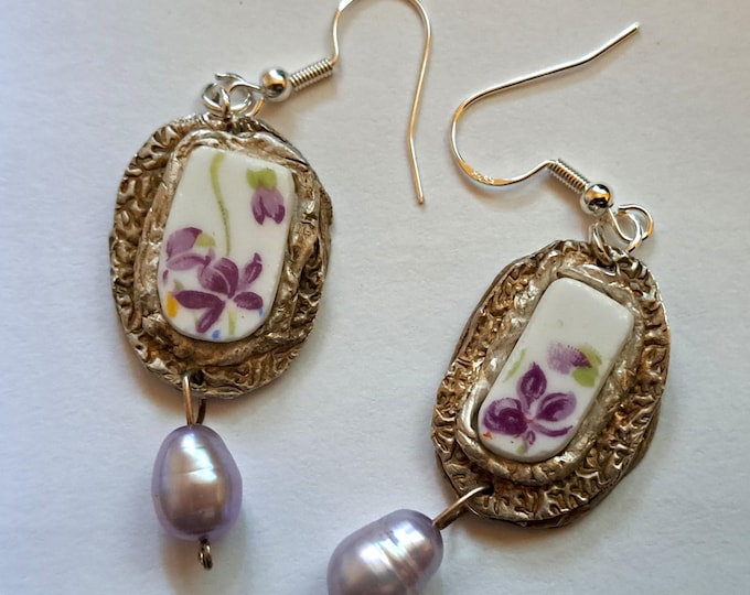 Boho Limoges Violets Lavender Pearls Fine 999 Silver Drop Earrings Artisan Made USA
