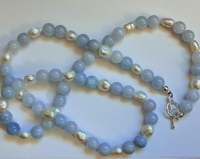Natural Aquamarine and Natural Pearl Beaded Necklace Sterling Toggle Clasp 24"