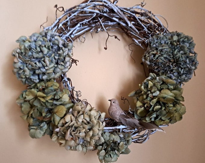 Blue HYDRANGEA WREATH All NATURAL Grapevine w/Bird Large 20"