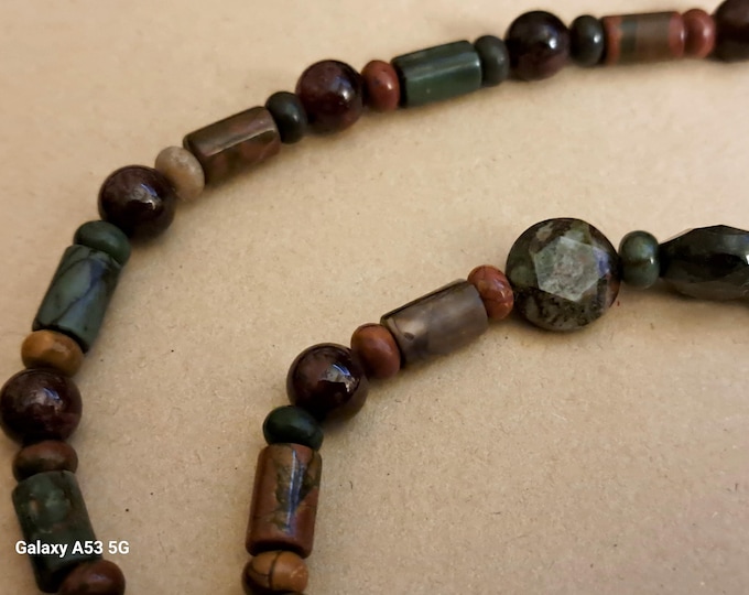 Picasso Jasper and Natural Garnet Beaded Gemstone Necklace Sterling 925 28"