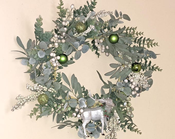 Vintage Mercury Glass Reindeer Christmas Wreath with Eucalyptus, 22 Inch