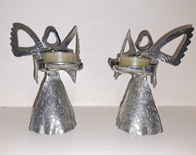 Rare Vintage Tin Woodsman Pewter Angel Tealight Candle Holder Stylized c.2006