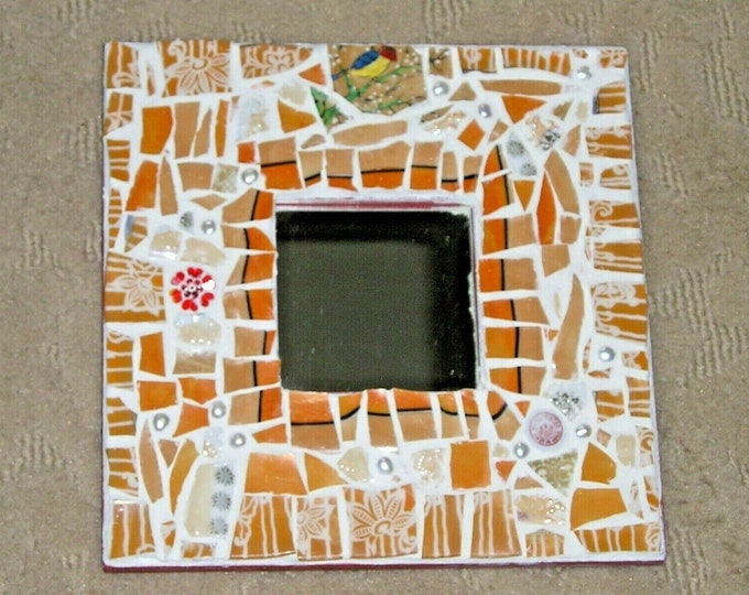 Mosaic Framed Mirror: Antique Porcelain, Pearls & Vintage Button Accents
