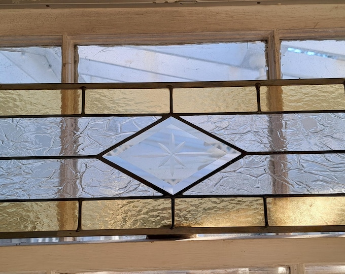 Set of 4 Yellow Stained Glass Transom Windows Vintage with Hanging Hardware