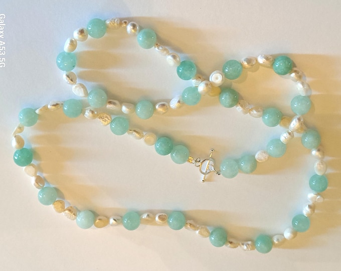 Angel Eyes Natural Cyan Angelite Gemstone and Baroque Pearl Necklace Sterling Artisan
